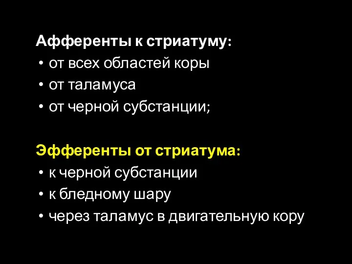 Афференты к стриатуму: от всех областей коры от таламуса от