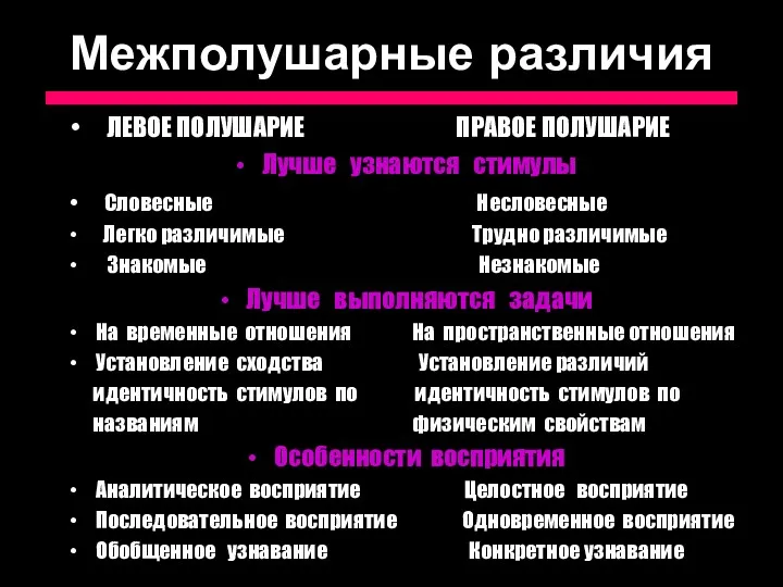 Межполушарные различия ЛЕВОЕ ПОЛУШАРИЕ ПРАВОЕ ПОЛУШАРИЕ Лучше узнаются стимулы Словесные