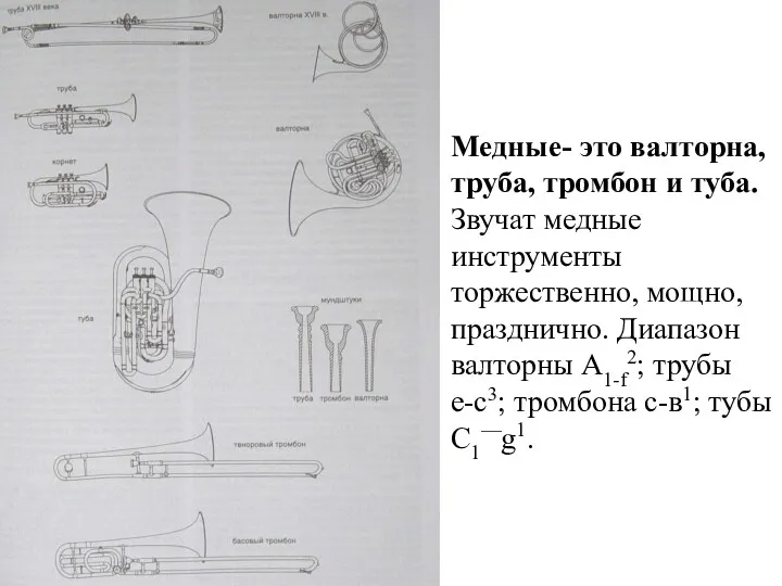 Медные- это валторна, труба, тромбон и туба. Звучат медные инструменты