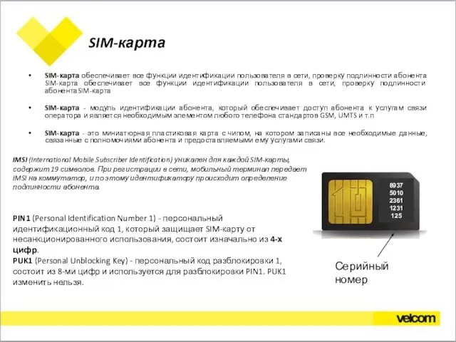 SIM-карта SIM-карта обеспечивает все функции идентификации пользователя в сети, проверку