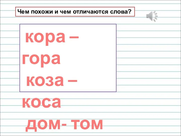 Чем похожи и чем отличаются слова? кора – гора коза – коса дом- том