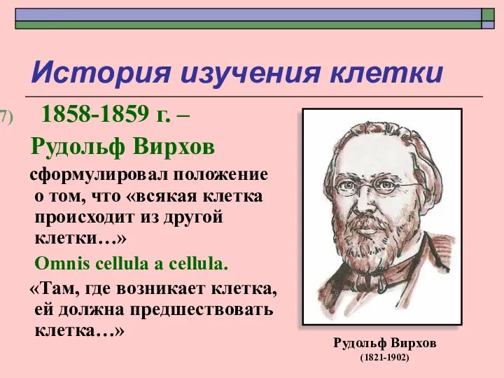 История изучения клетки 1858-1859 г. – Рудольф Вирхов сформулировал положение