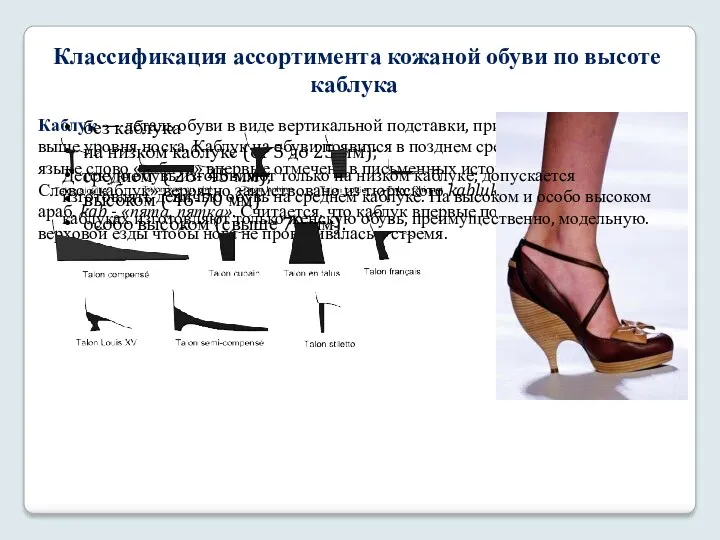 Классификация ассортимента кожаной обуви по высоте каблука Каблук — деталь
