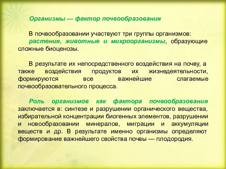 Организмы — фактор почвообразования В почвообразовании участвуют три группы организмов: