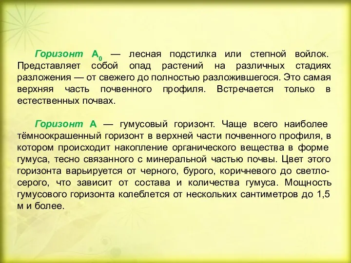 Горизонт А0 — лесная подстилка или степной войлок. Представляет собой