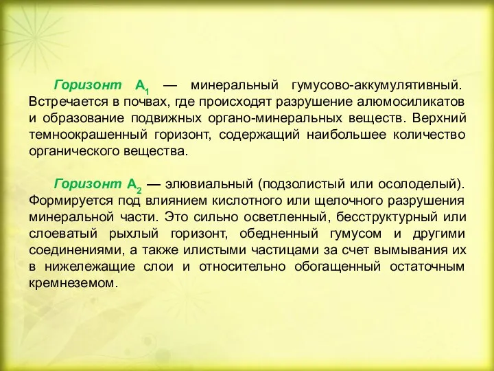 Горизонт А1 — минеральный гумусово-аккумулятивный. Встречается в почвах, где происходят