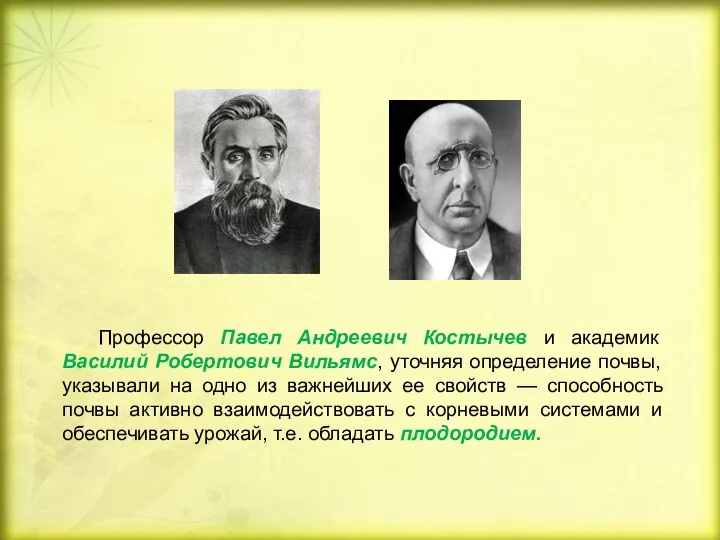 Профессор Павел Андреевич Костычев и академик Василий Робертович Вильямс, уточняя