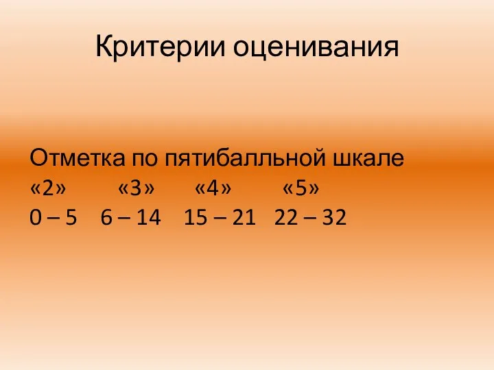 Критерии оценивания Отметка по пятибалльной шкале «2» «3» «4» «5»