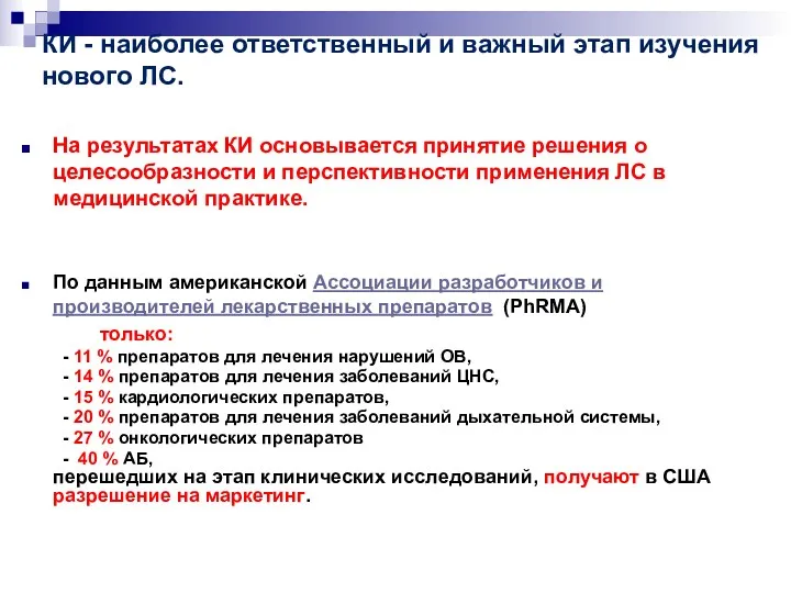 КИ - наиболее ответственный и важный этап изучения нового ЛС. На результатах КИ