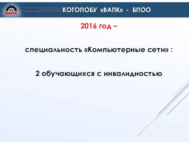 2016 год – специальность «Компьютерные сети» : 2 обучающихся с инвалидностью КОГОПОБУ «ВАПК» - БПОО