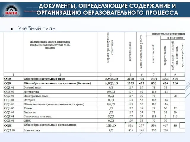 ДОКУМЕНТЫ, ОПРЕДЕЛЯЮЩИЕ СОДЕРЖАНИЕ И ОРГАНИЗАЦИЮ ОБРАЗОВАТЕЛЬНОГО ПРОЦЕССА Учебный план