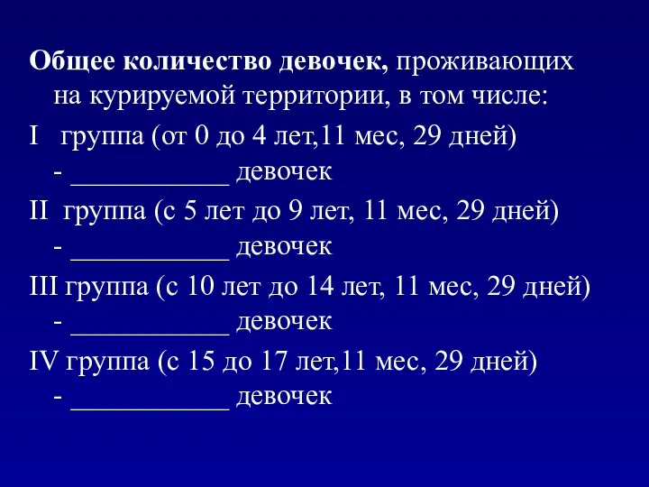 Общее количество девочек, проживающих на курируемой территории, в том числе: