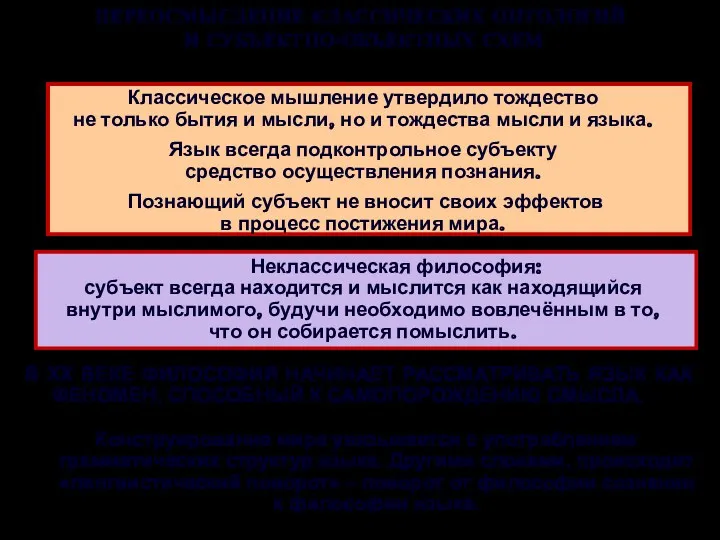 ПЕРЕОСМЫСЛЕНИЕ КЛАССИЧЕСКИХ ОНТОЛОГИЙ И СУБЪЕКТНО-ОБЪЕКТНЫХ СХЕМ Классическое мышление утвердило тождество