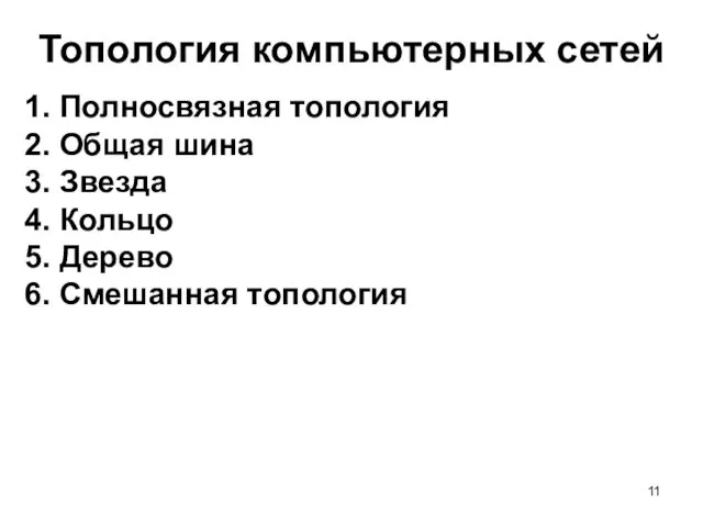 1. Полносвязная топология 2. Общая шина 3. Звезда 4. Кольцо 5. Дерево 6.