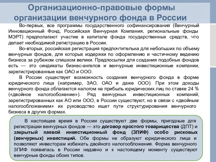 Организационно-правовые формы организации венчурного фонда в России Во-первых, все программы