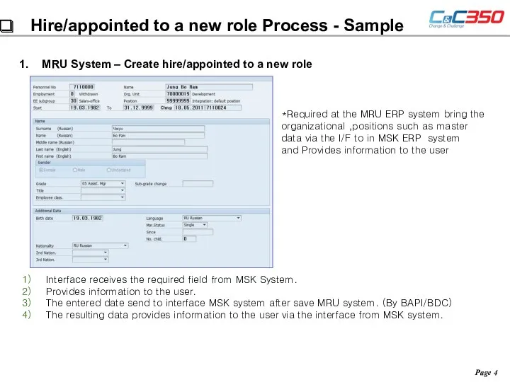 Hire/appointed to a new role Process - Sample MRU System