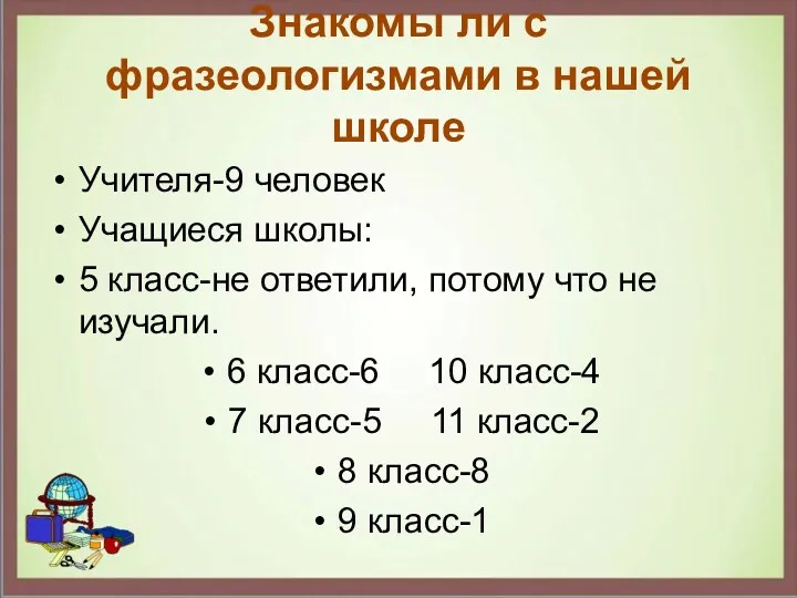 Знакомы ли с фразеологизмами в нашей школе Учителя-9 человек Учащиеся