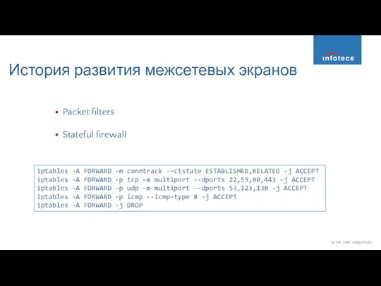 История развития межсетевых экранов Packet filters Stateful firewall iptables -A
