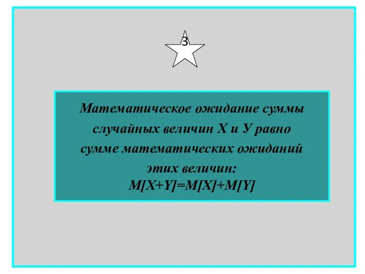 Математическое ожидание суммы случайных величин Х и У равно сумме математических ожиданий этих величин: М[X+Y]=M[X]+M[Y] 3