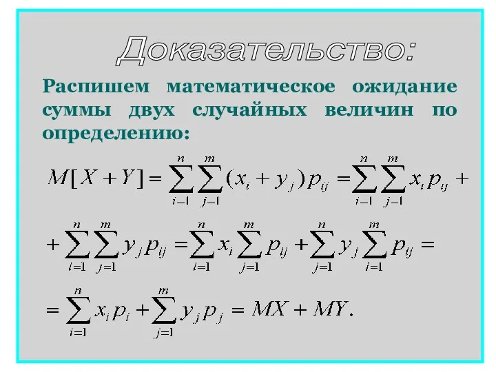 Распишем математическое ожидание суммы двух случайных величин по определению: Доказательство: