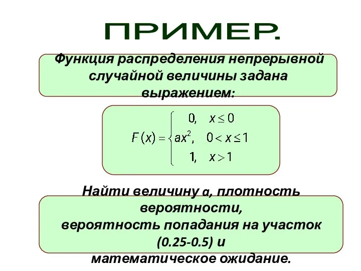 Функция распределения непрерывной случайной величины задана выражением: Найти величину a, плотность вероятности, вероятность