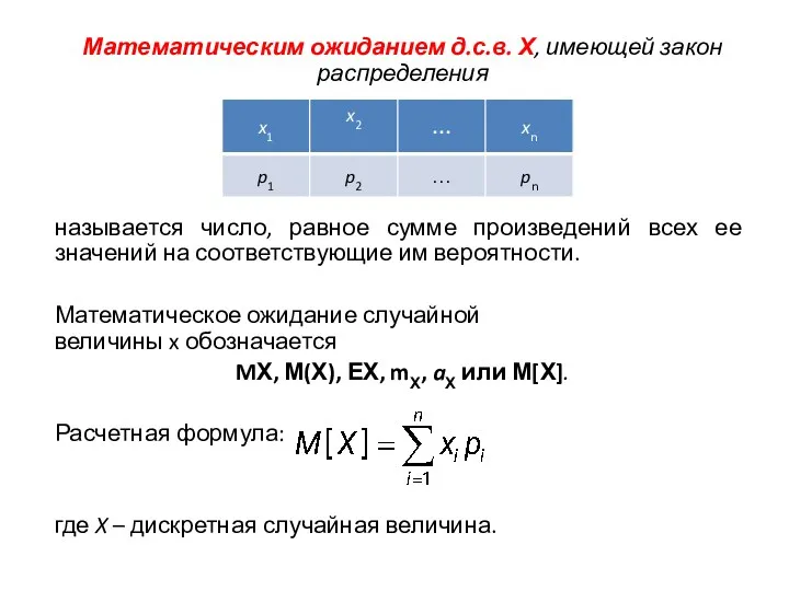 Математическим ожиданием д.с.в. Х, имеющей закон распределения называется число, равное сумме произведений всех