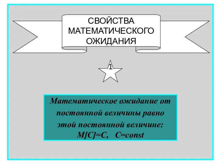 Математическое ожидание от постоянной величины равно этой постоянной величине: М[C]=C, C=const 1 СВОЙСТВА МАТЕМАТИЧЕСКОГО ОЖИДАНИЯ