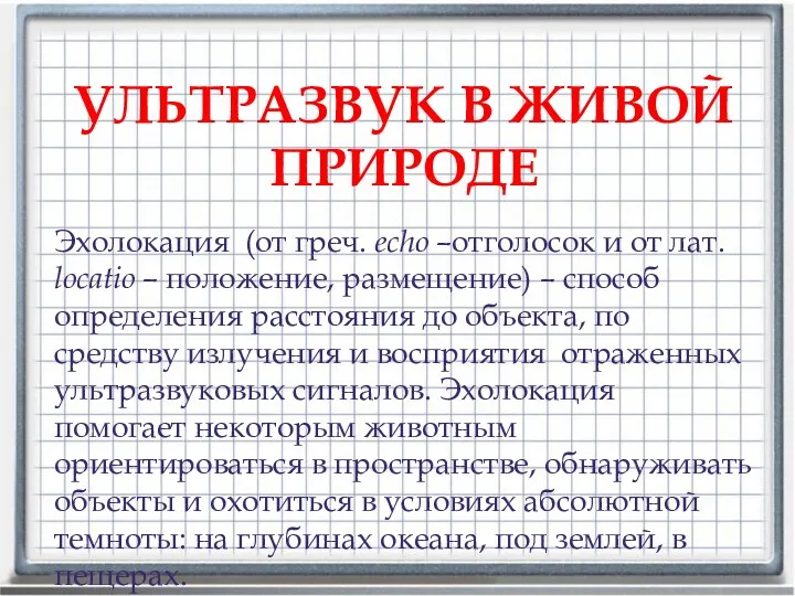 УЛЬТРАЗВУК В ЖИВОЙ ПРИРОДЕ Эхолокация (от греч. еcho –отголосок и от лат. locatio