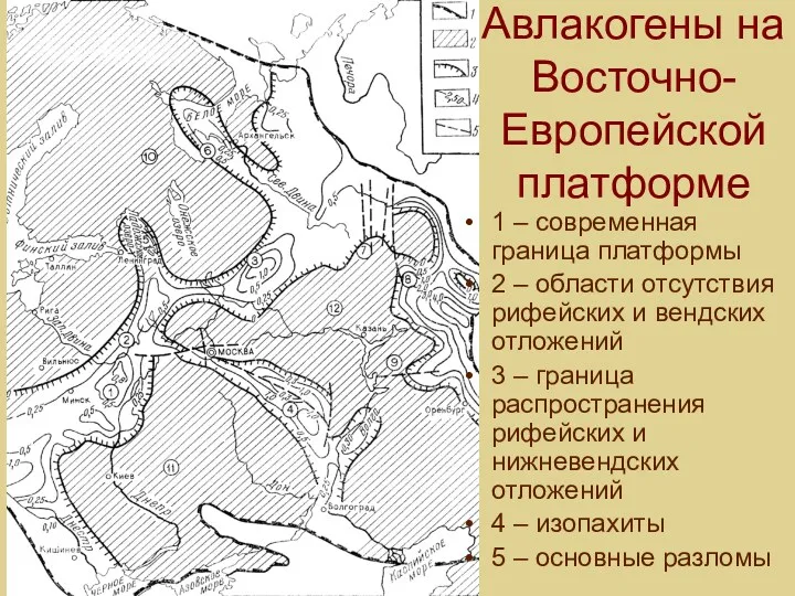 Авлакогены на Восточно-Европейской платформе 1 – современная граница платформы 2