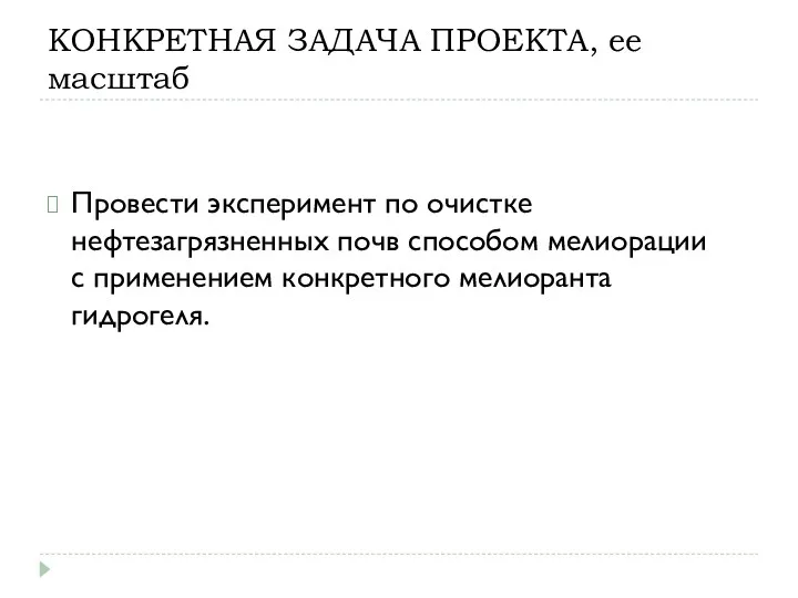 КОНКРЕТНАЯ ЗАДАЧА ПРОЕКТА, ее масштаб Провести эксперимент по очистке нефтезагрязненных