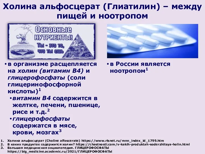 в организме расщепляется на холин (витамин B4) и глицерофосфаты (соли глицеринофосфорной кислоты)1 витамин