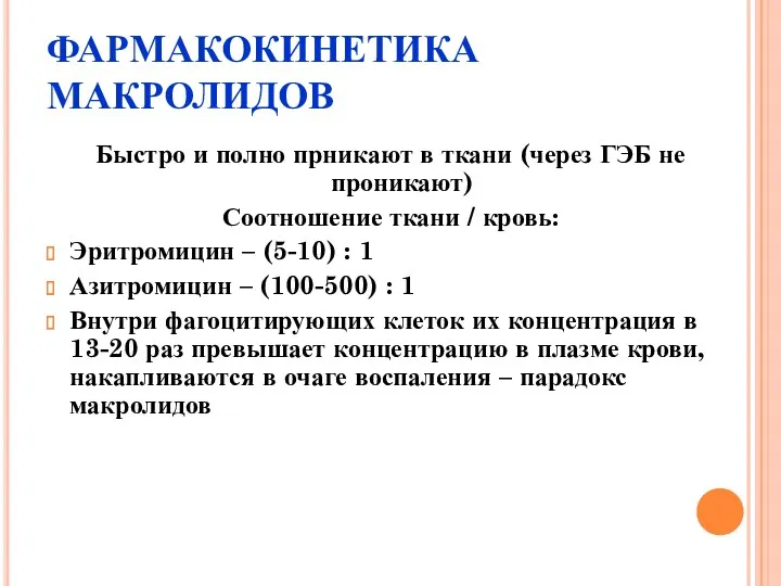 ФАРМАКОКИНЕТИКА МАКРОЛИДОВ Быстро и полно прникают в ткани (через ГЭБ