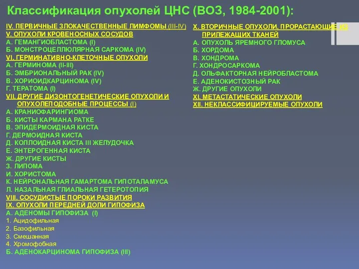 Классификация опухолей ЦНС (ВОЗ, 1984-2001): IV. ПЕРВИЧНЫЕ ЗЛОКАЧЕСТВЕННЫЕ ЛИМФОМЫ (III-IV) V. ОПУХОЛИ КРОВЕНОСНЫХ