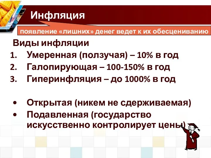 Инфляция Виды инфляции Умеренная (ползучая) – 10% в год Галопирующая