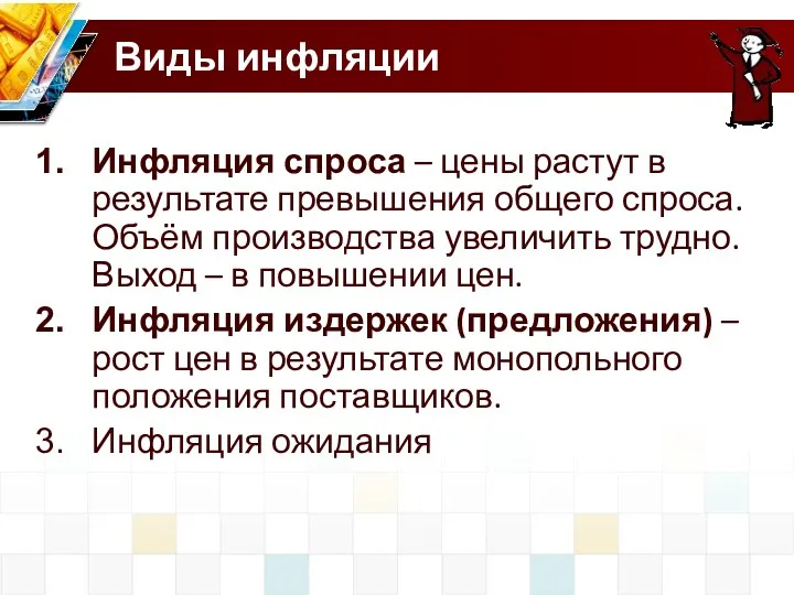 Виды инфляции Инфляция спроса – цены растут в результате превышения