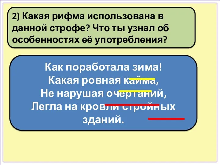 2) Какая рифма использована в данной строфе? Что ты узнал