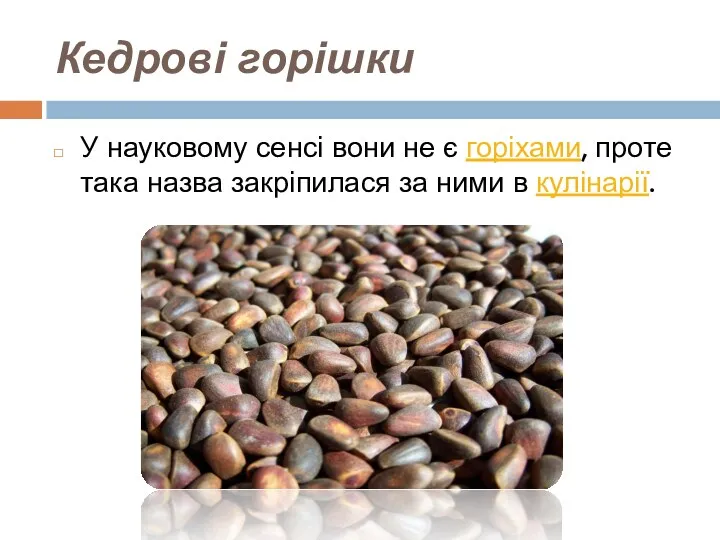 Кедрові горішки У науковому сенсі вони не є горіхами, проте