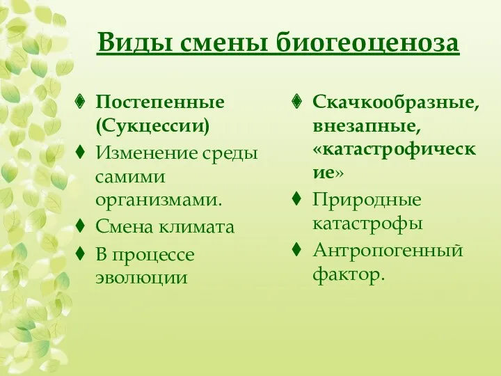 Виды смены биогеоценоза Постепенные (Сукцессии) Изменение среды самими организмами. Смена