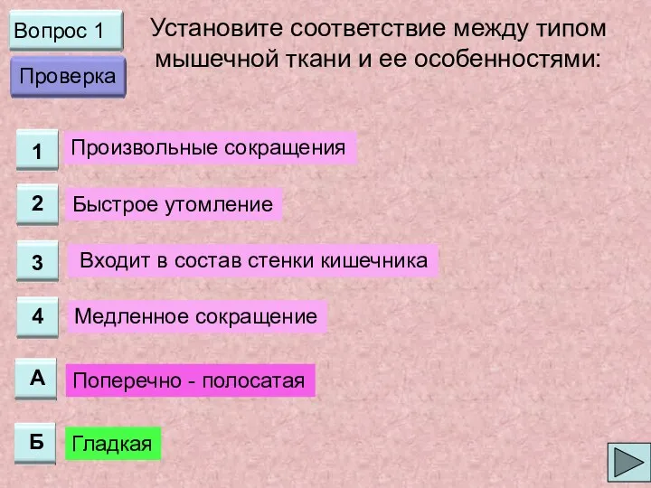 Вопрос 1 Установите соответствие между типом мышечной ткани и ее