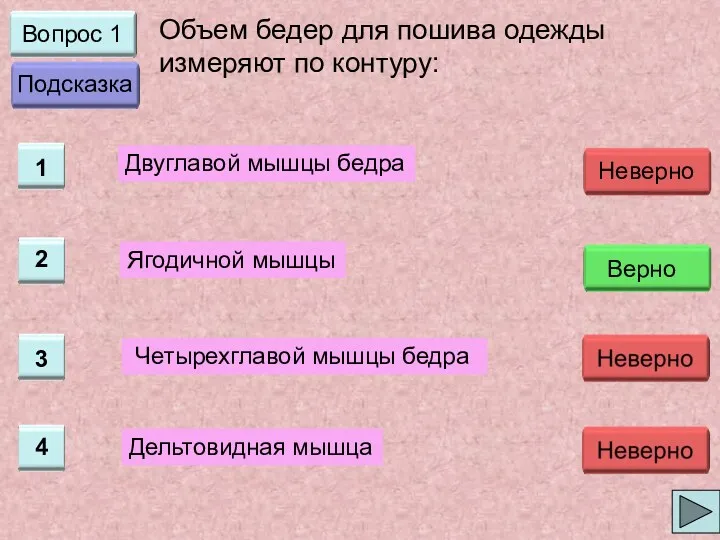 Вопрос 1 Объем бедер для пошива одежды измеряют по контуру: