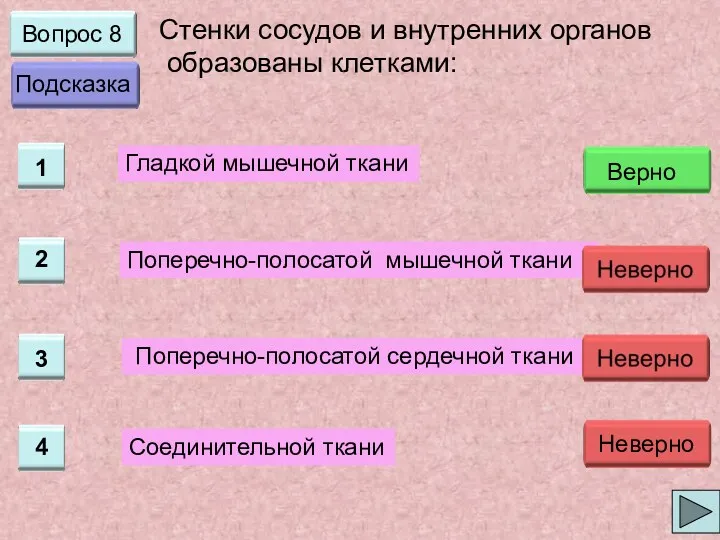 Поперечно-полосатой сердечной ткани Поперечно-полосатой мышечной ткани Вопрос 8 Стенки сосудов