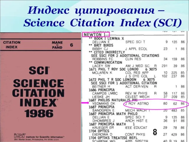 Индекс цитирования – Science Citation Index (SCI) 8
