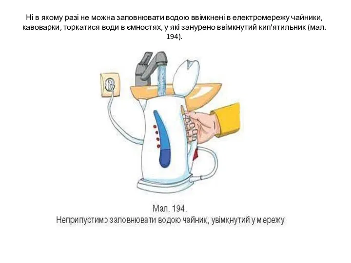 Ні в якому разі не можна заповнювати водою ввімкнені в