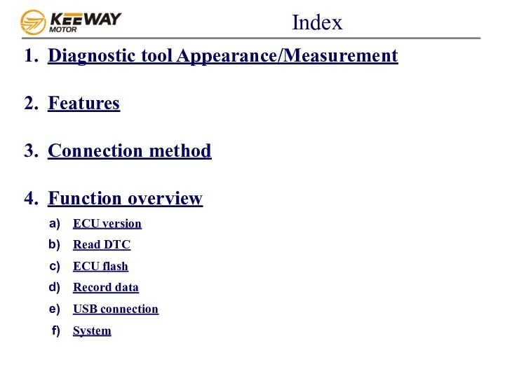 Index Diagnostic tool Appearance/Measurement Features Connection method Function overview ECU