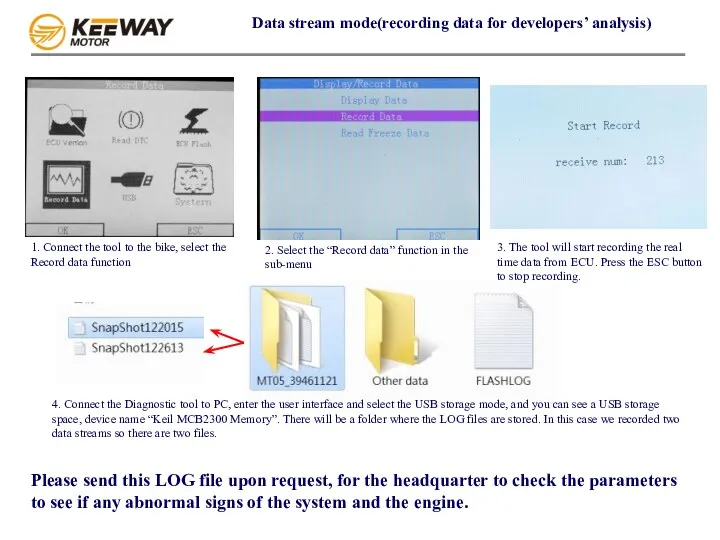 Data stream mode(recording data for developers’ analysis) 1. Connect the