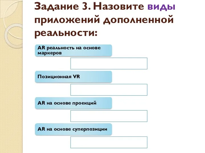 Задание 3. Назовите виды приложений дополненной реальности: AR реальность на