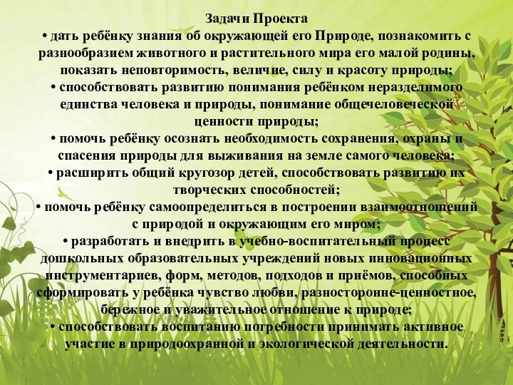 Задачи Проекта • дать ребёнку знания об окружающей его Природе,