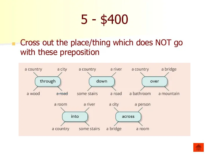 5 - $400 Cross out the place/thing which does NOT go with these preposition