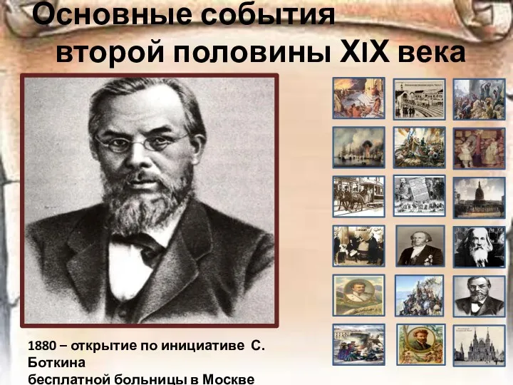 Основные события второй половины ХIХ века 1880 – открытие по инициативе С.Боткина бесплатной больницы в Москве