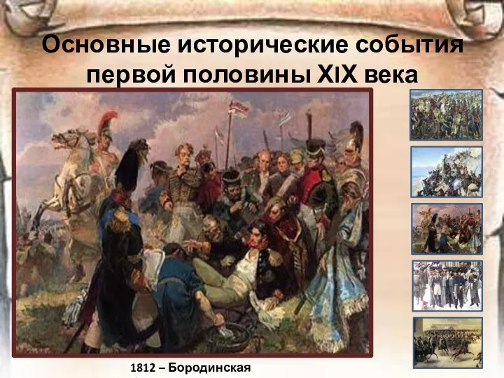 Основные исторические события первой половины ХIХ века 1812 – Бородинская битва